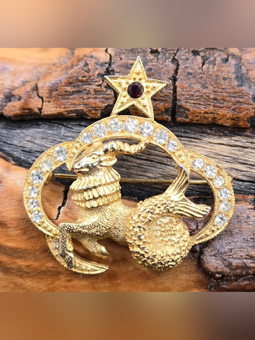 Capricorn Goat Brooch w/ Garnet Star - Crystals Signed St Labre